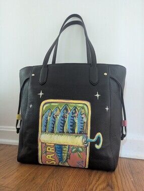 Black Handpainted Kate Spade Tote Bag with Colorful Sardine Artwork